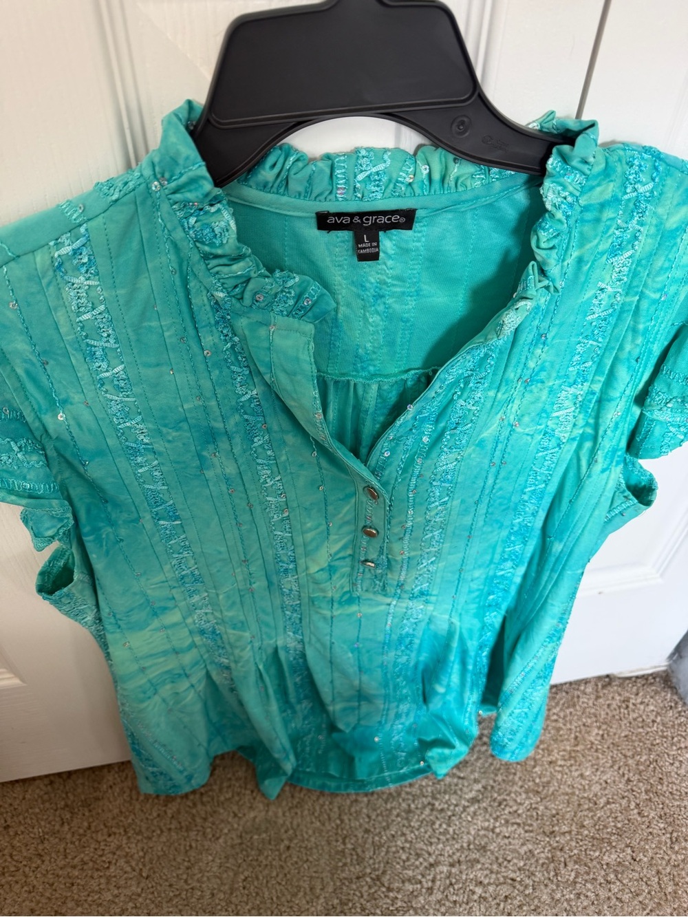 ava & grace Teal Ruffle Neck Short Sleeve Pintuck Blouse